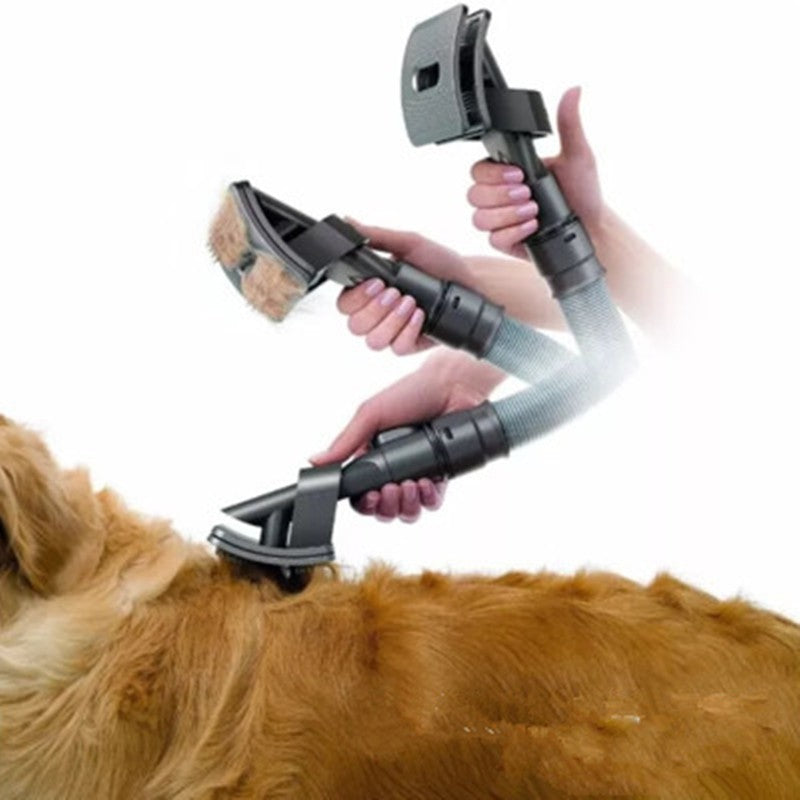 Fitlybuy grey pet grooming vacuum brush grooming a golden dog, demonstrating easy hair removal with a flexible hose.