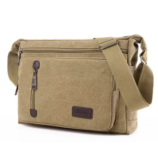 Olive green canvas Fitlybuy TravelPro shoulder bag with multiple zippered pockets, adjustable strap, and brown accents.