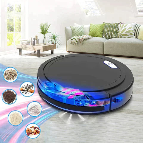 Black Fitlybuy smart robot vacuum on a wooden floor in a living room, showing suction power for debris and pet hair.