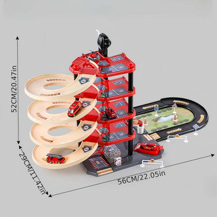 Fitlybuy FirePark multi-level red garage playset with spiral ramps, toy fire trucks, traffic signs, and floor mat base.