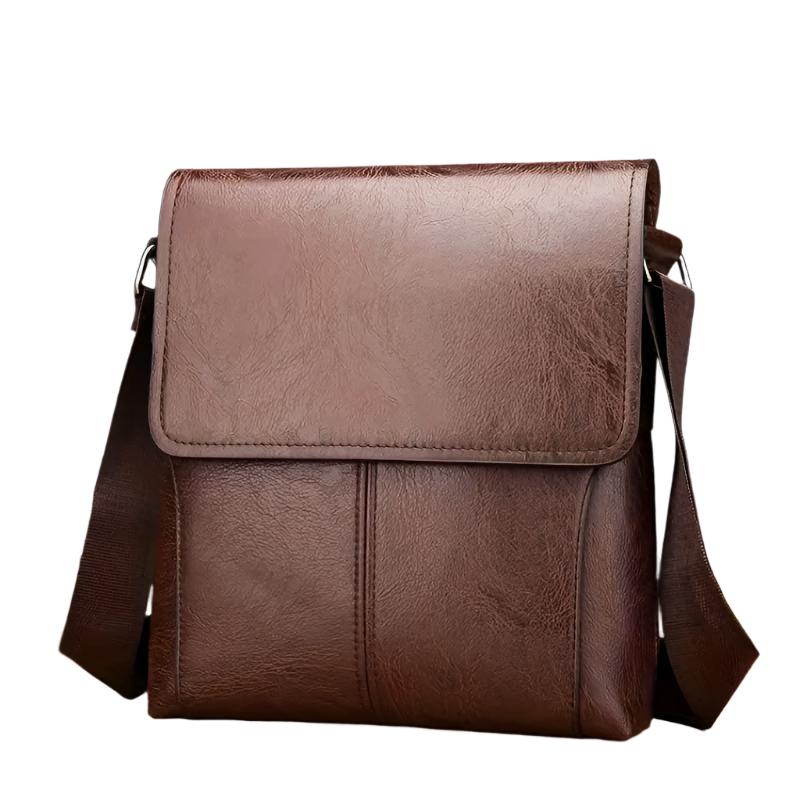 Fitlybuy brown vintage PU leather shoulder bag with a fold-over flap and adjustable strap against a white background.