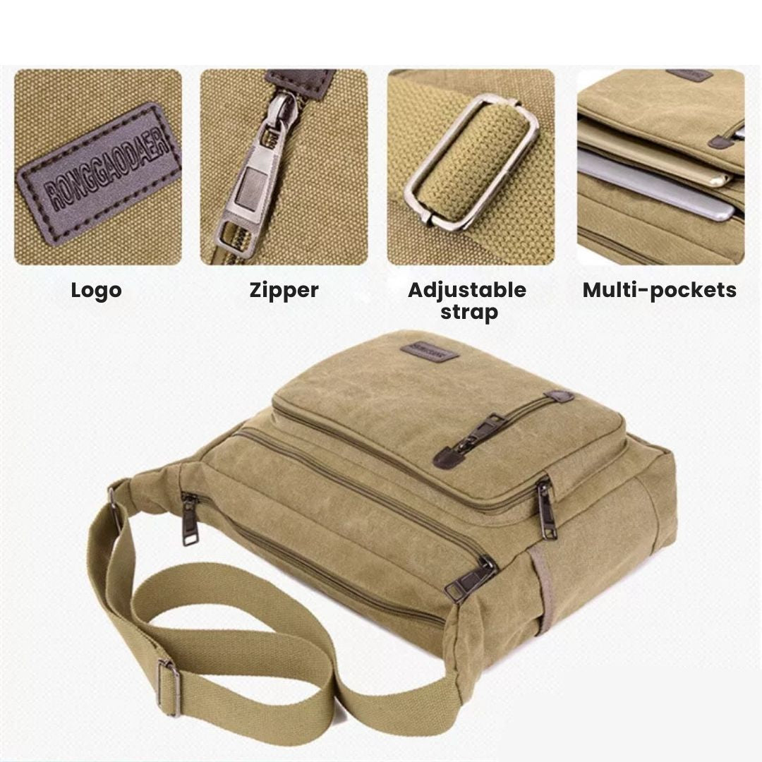 Fitlybuy tan canvas shoulder bag showing durable fabric, multiple zippered pockets, and an adjustable strap.