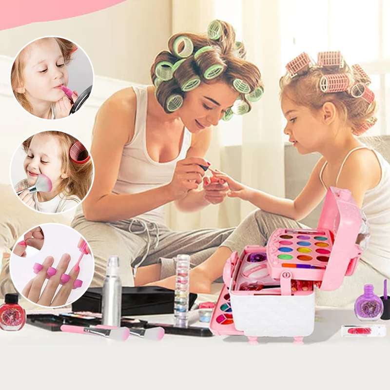 Fitlybuy pink makeup play set with vanity case, brushes, and nail polish, shown with a mother and child playing together.