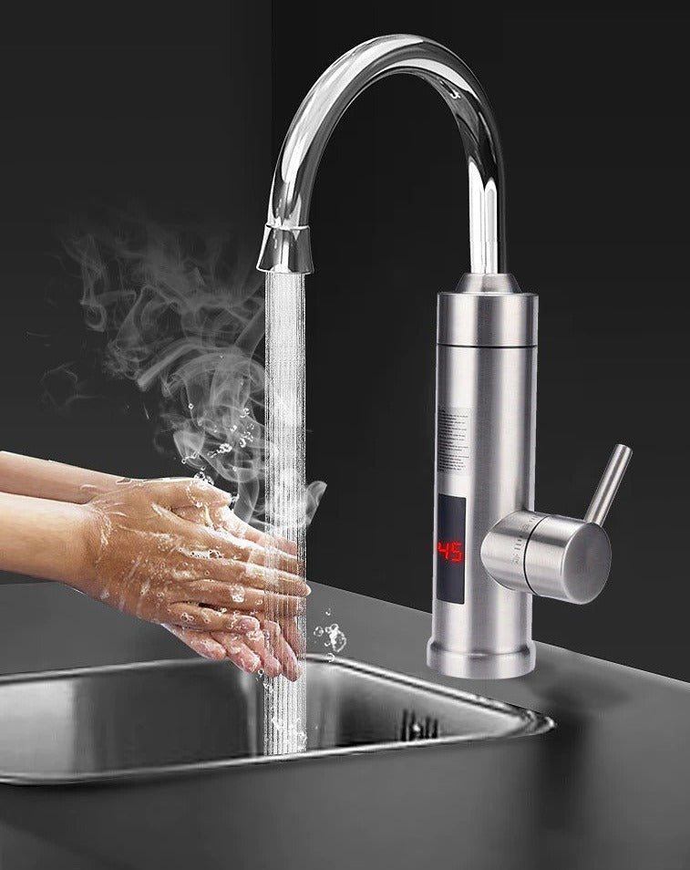 Fitlybuy electric faucet in stainless steel with a digital temperature display showing steaming hot water over a sink.