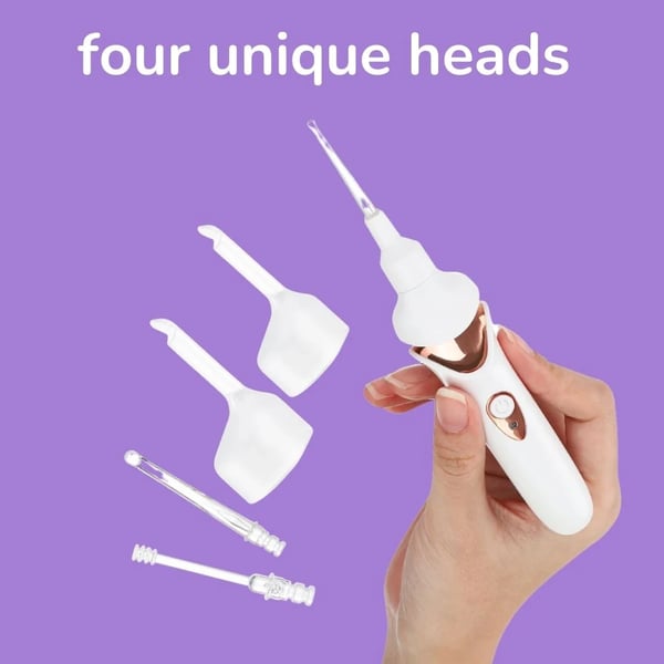 Fitlybuy white and rose gold electric ear wax removal tool with four unique interchangeable tips against purple background.
