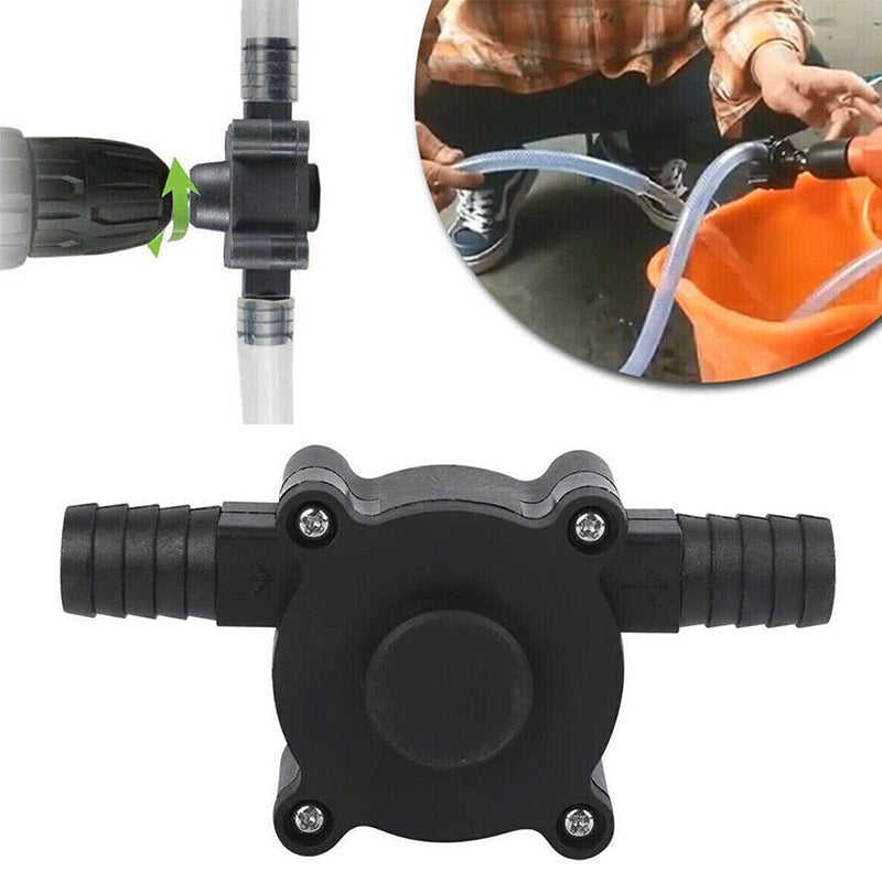 Fitlybuy black battery-free self-priming transfer pump connected to a drill for liquid transfer.