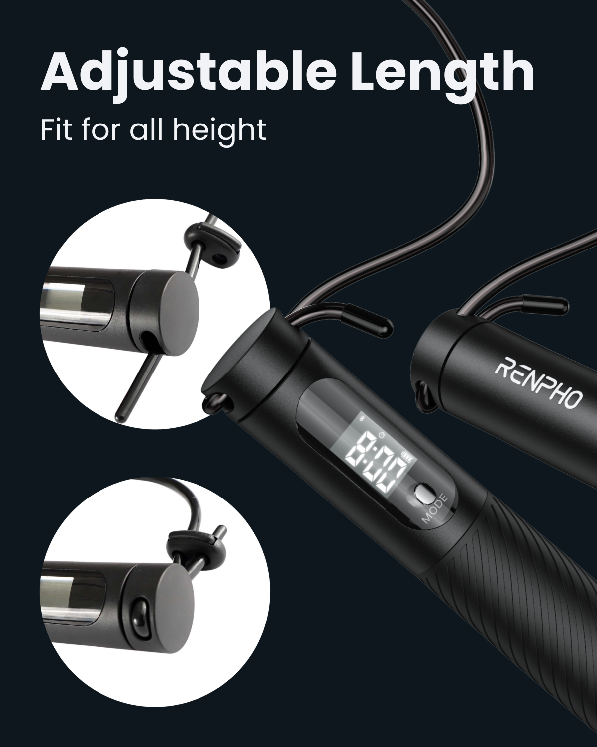 Black Fitlybuy smart jump rope showing digital display, adjustable cord mechanism, and textured ergonomic handle.