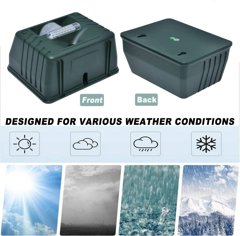 Fitlybuy green ultrasonic woodpecker repeller showing front and back, designed for all weather conditions.