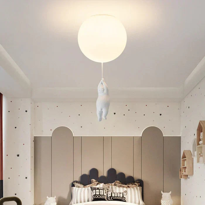 Fitlybuy CloudBear LED ceiling light: a white bear figurine hanging from a glowing, white spherical balloon lamp.