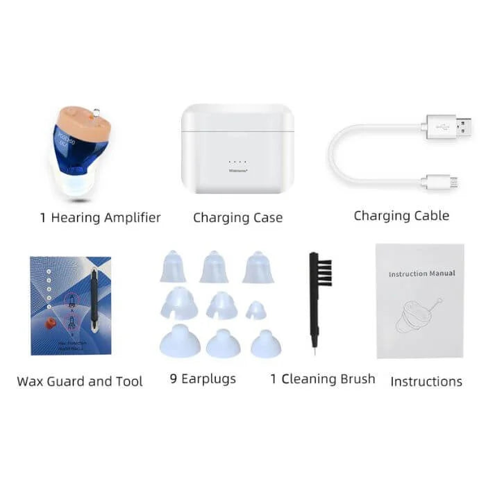 Fitlybuy rechargeable hearing aid kit with blue/beige device, white charging case, cable, 9 earplugs, brush, and manual.