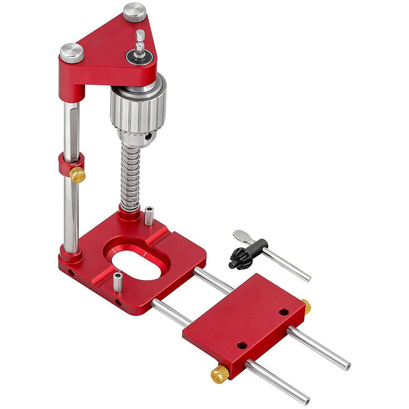 Red Fitlybuy woodworking drill locator with spring-loaded chuck, adjustable rods, and metal base on a white background.