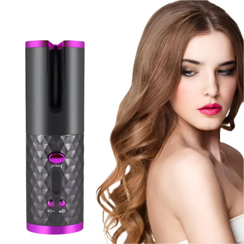 Fitlybuy Amara wireless automatic curling iron in gray and purple, shown next to a woman with styled wavy hair.