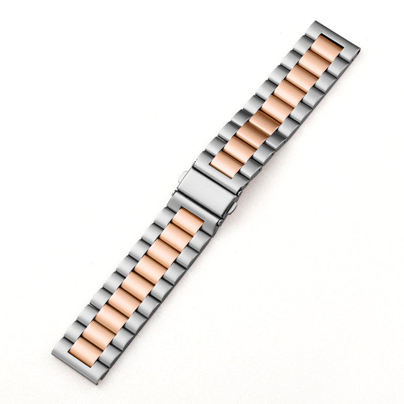 Fitlybuy two-tone silver and rose gold stainless steel watch strap with a secure quick-release folding clasp.