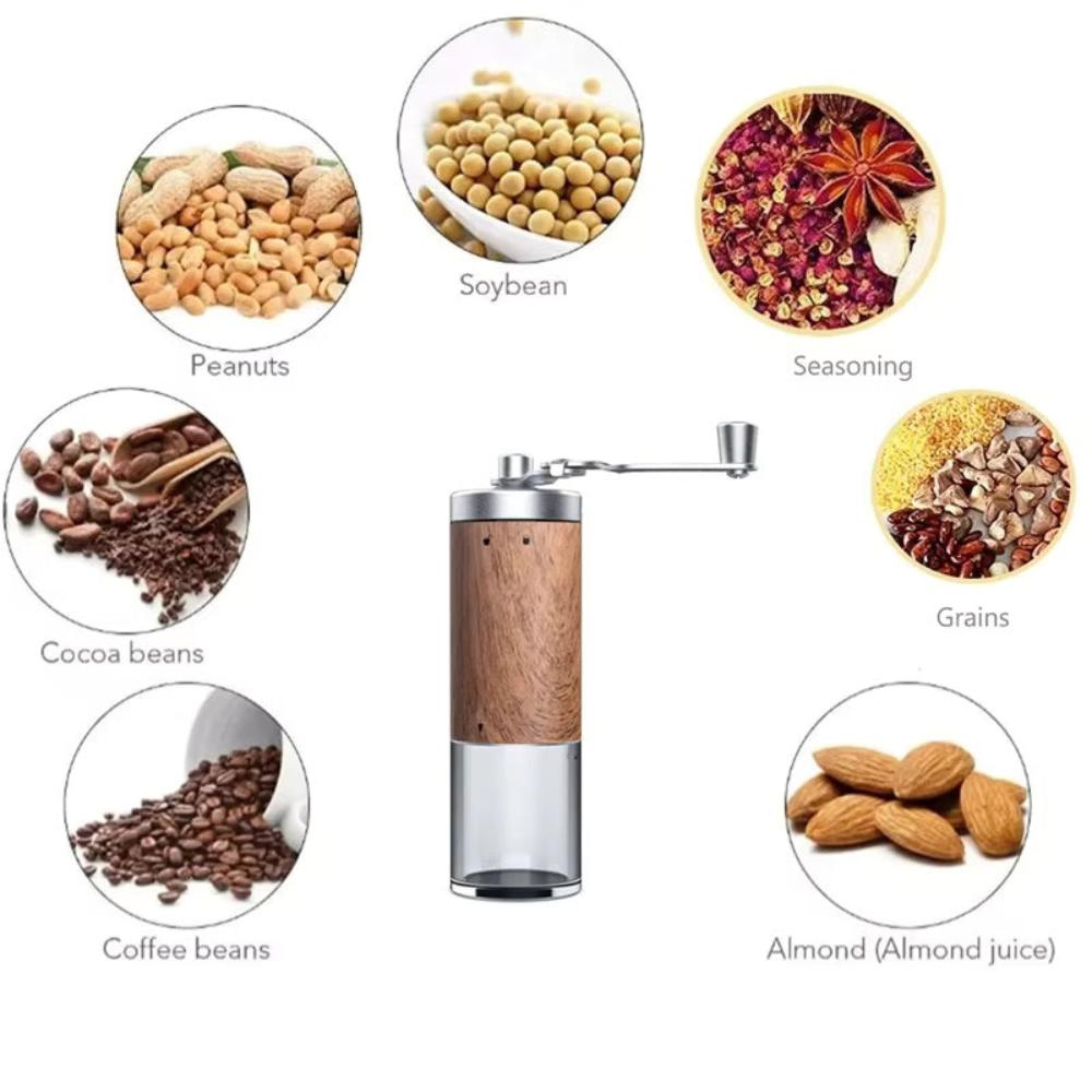 Fitlybuy Brewora wooden hand grinder surrounded by icons of coffee beans, nuts, grains, and seasonings it can grind.