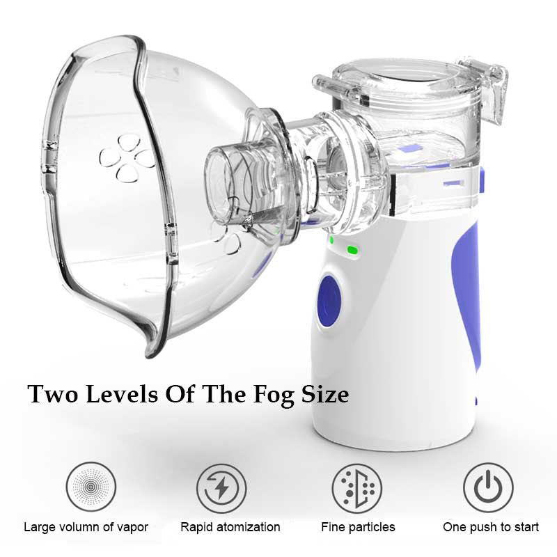 Fitlybuy portable white and blue mesh nebulizer with clear mask, featuring two fog levels and one-button operation.