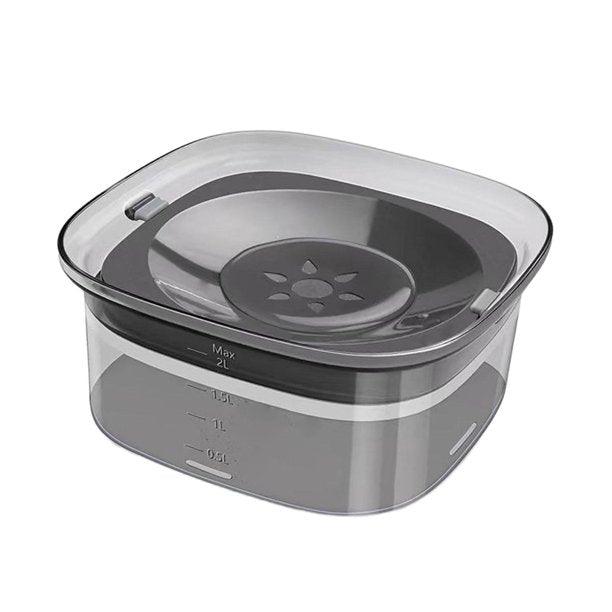 Fitlybuy gray, splash-proof pet water bowl with a floating disk design and clear 2L capacity measurements.