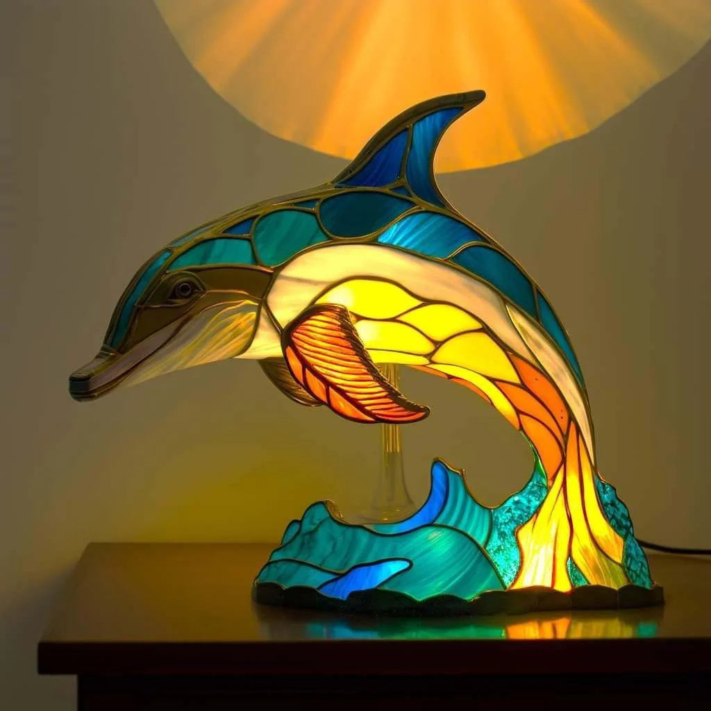 Stained glass dolphin table lamp in blue, yellow, and orange, casting a warm ambient glow on a wooden surface.