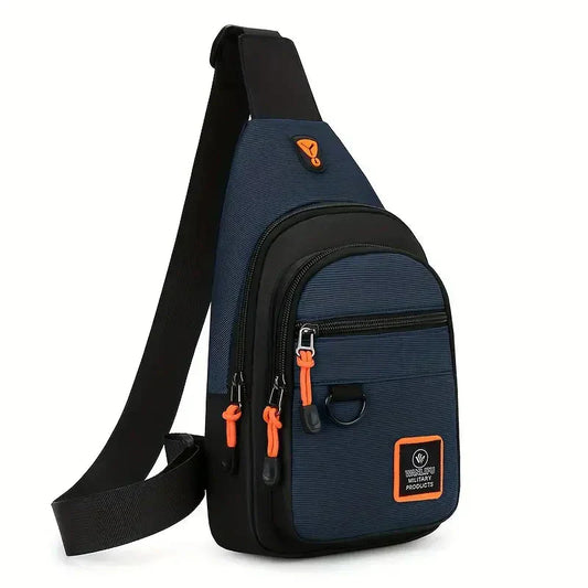 Fitlybuy UrbanTrail navy and black waterproof crossbody shoulder bag with orange accents and front zipper pockets.