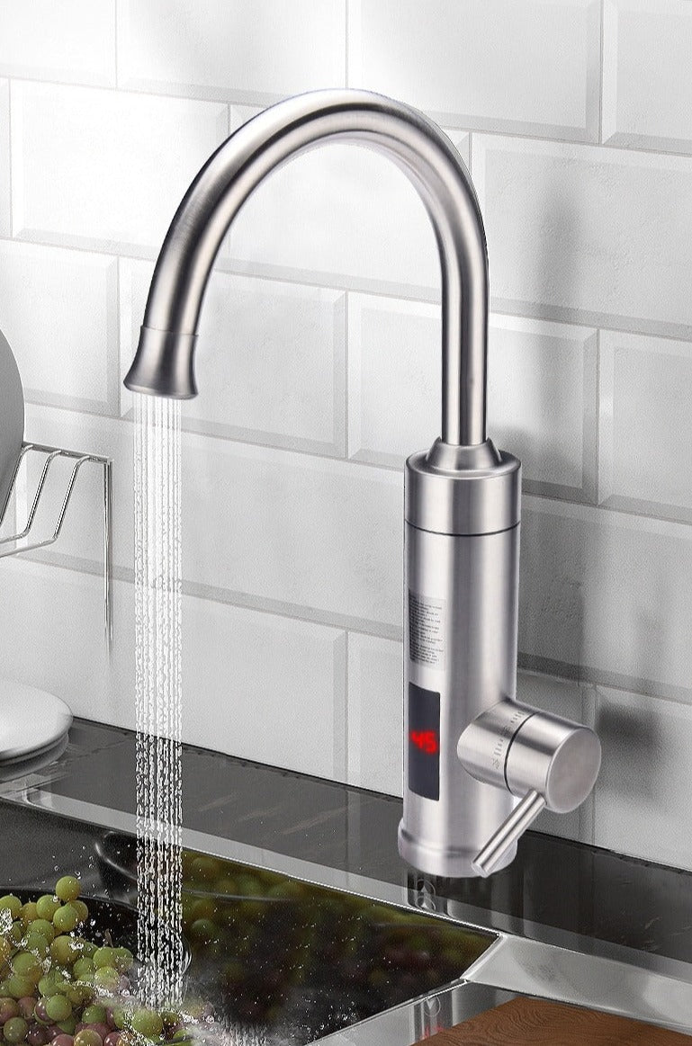 Fitlybuy stainless steel electric kitchen faucet with digital temperature display, pouring water into a kitchen sink.