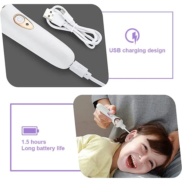 White Fitlybuy painless ear wax removal device with USB cable, long battery life, and child use demonstration.