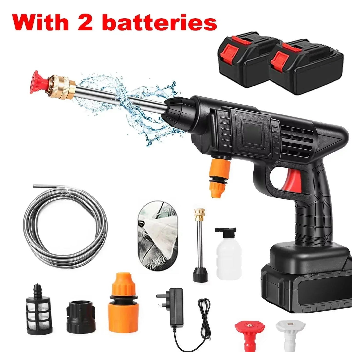 Fitlybuy cordless black high-pressure washer with 2 batteries, water hose, adjustable nozzles, and foam bottle accessory.