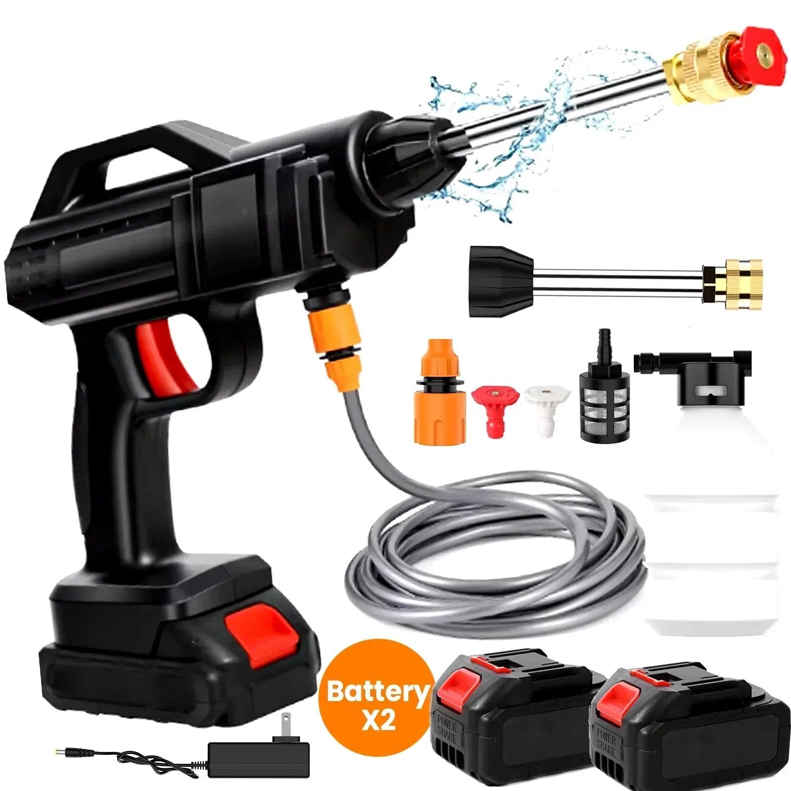 Fitlybuy cordless high-pressure washer with spray nozzle, hose, two lithium batteries, charger, and foam soap bottle.