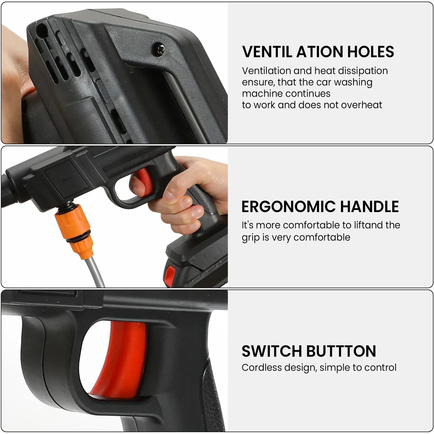 Fitlybuy cordless high-pressure washer featuring black casing, red trigger, ventilation holes, and ergonomic grip.