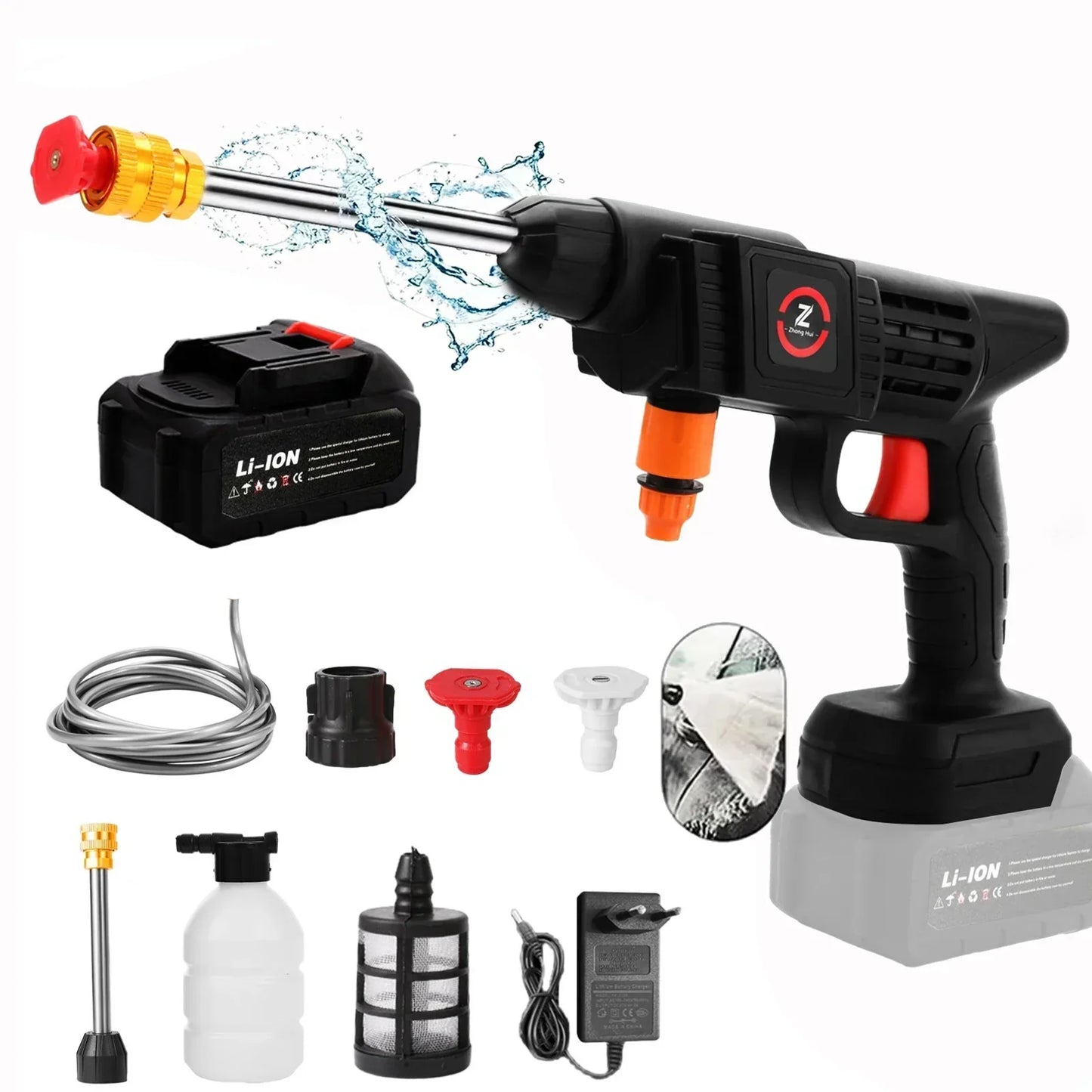 Fitlybuy cordless high-pressure washer, black with Li-ion battery, nozzles, hose, soap bottle, and charger accessories.