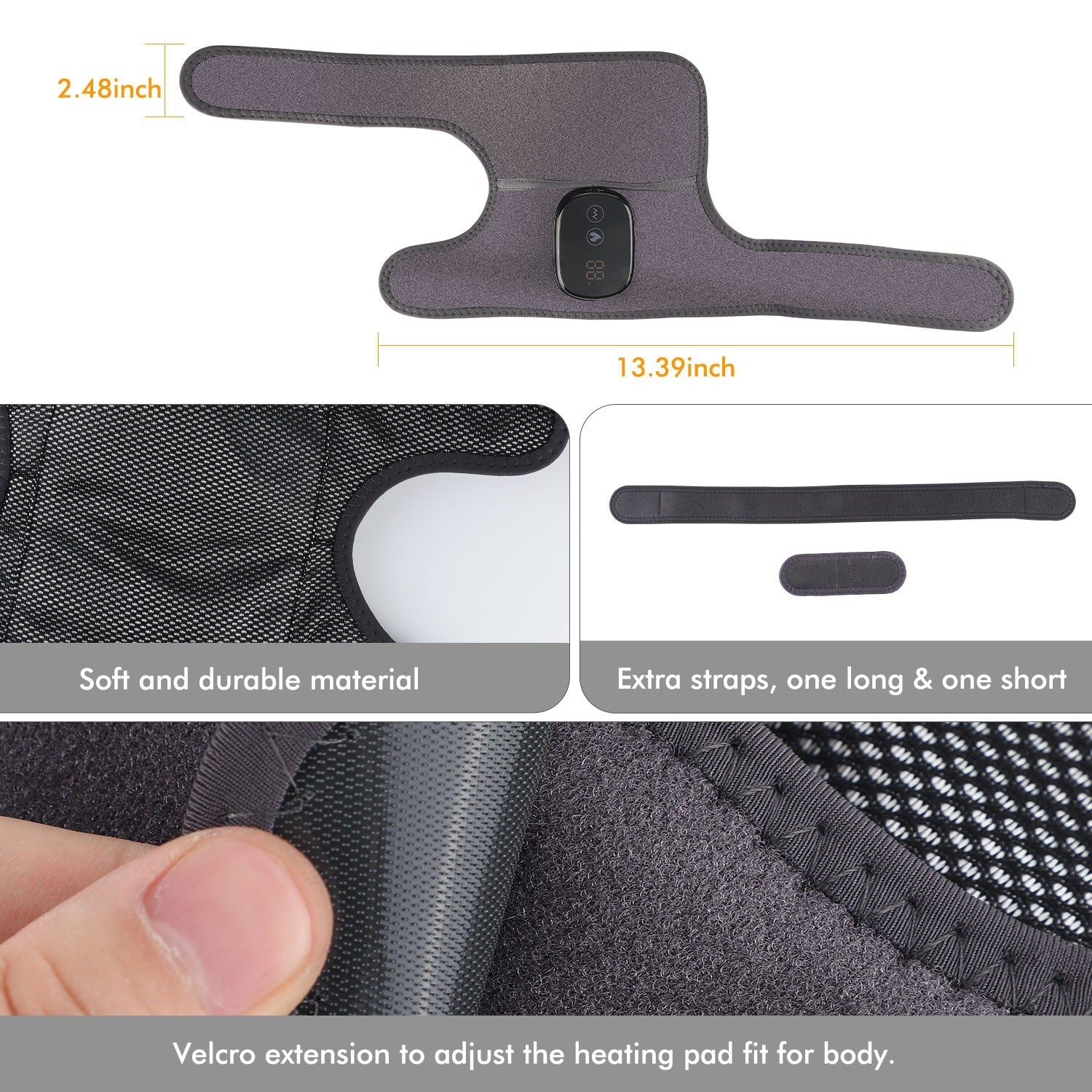 Fitlybuy gray thermal knee massager with digital control, mesh lining, adjustable velcro straps, and heat technology.
