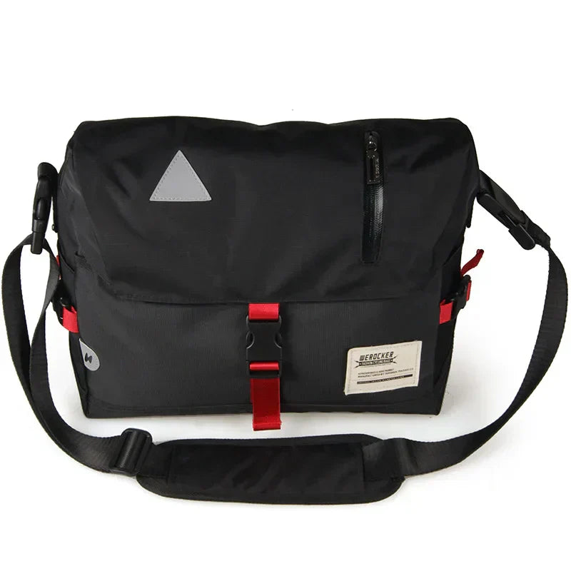Black water-resistant Fitlybuy crossbody messenger bag with red accents, front buckle, zip pocket, and shoulder strap.