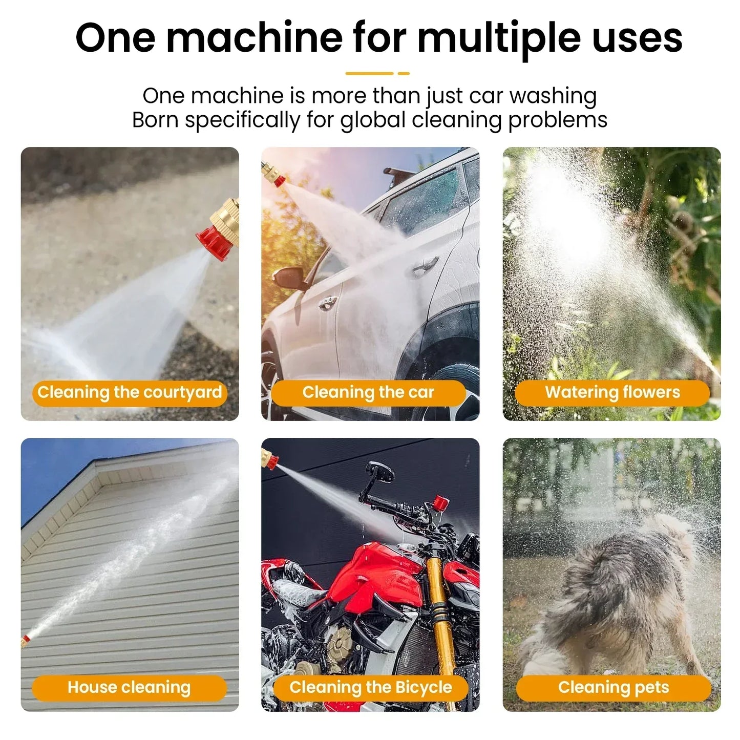 Fitlybuy cordless high-pressure washer with adjustable nozzle shown cleaning cars, bikes, pets, and homes.