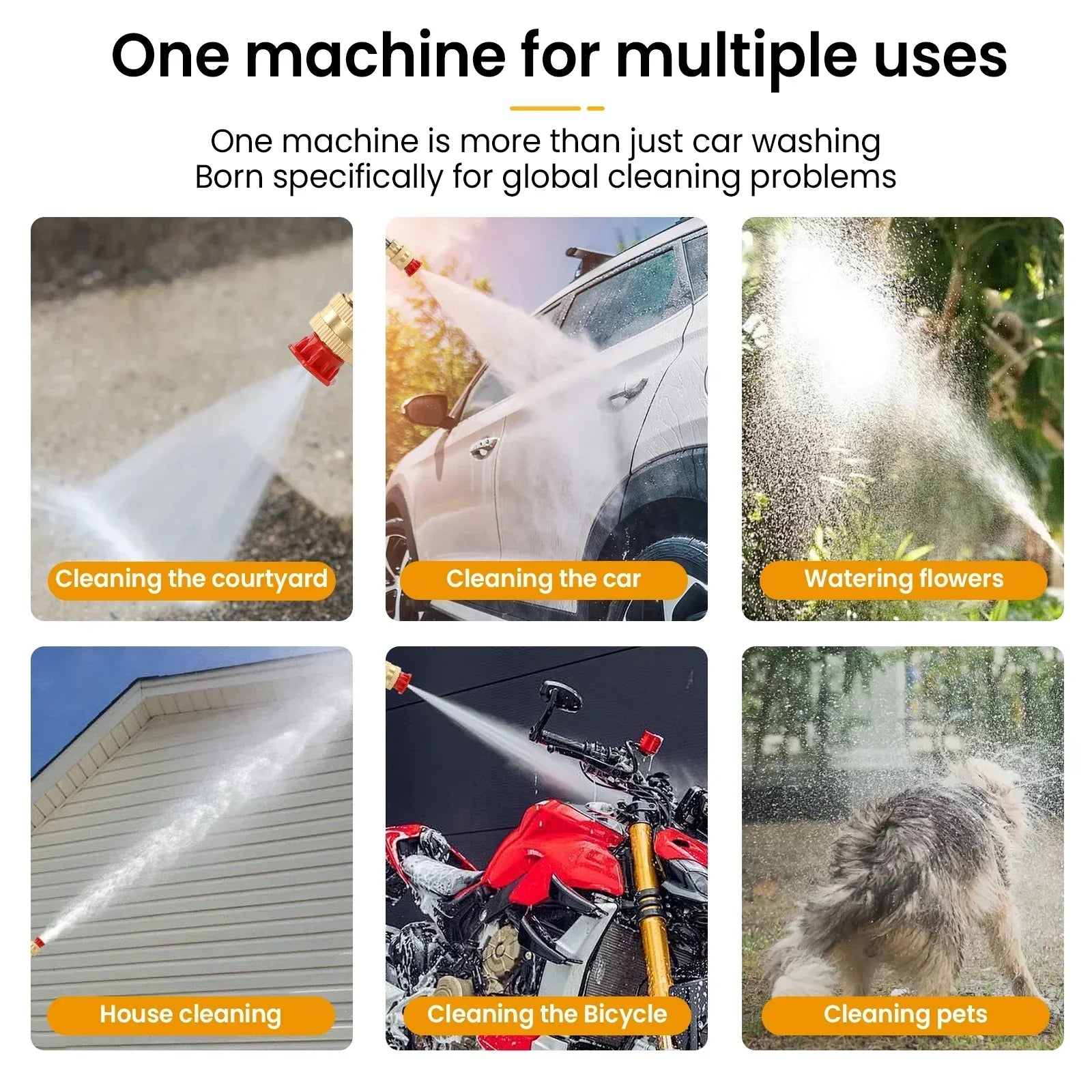 Fitlybuy cordless high-pressure washer with adjustable nozzle shown cleaning cars, bikes, pets, and homes.