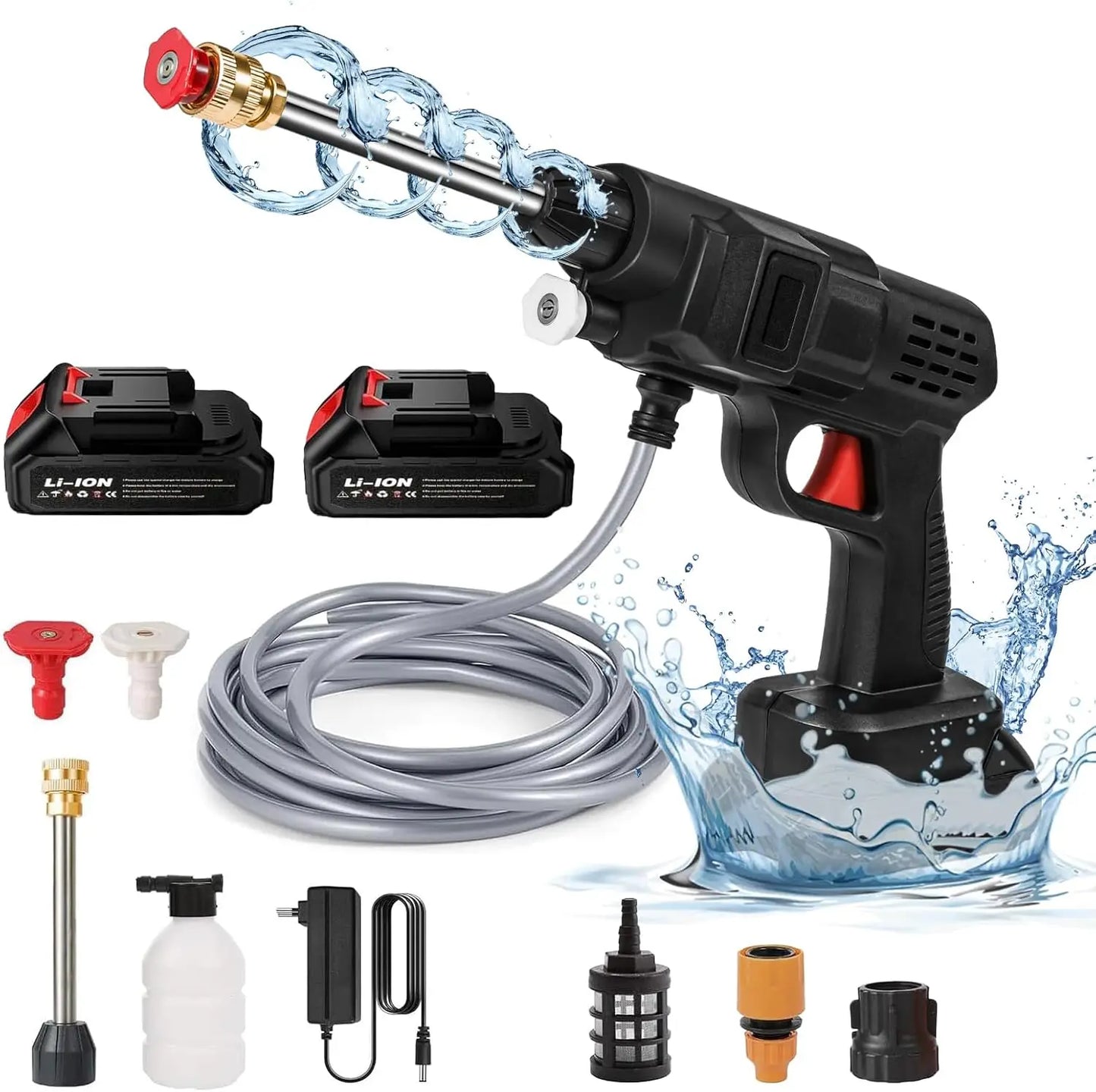 Fitlybuy cordless black high-pressure washer with two lithium batteries, adjustable nozzles, hose, and cleaning accessories.