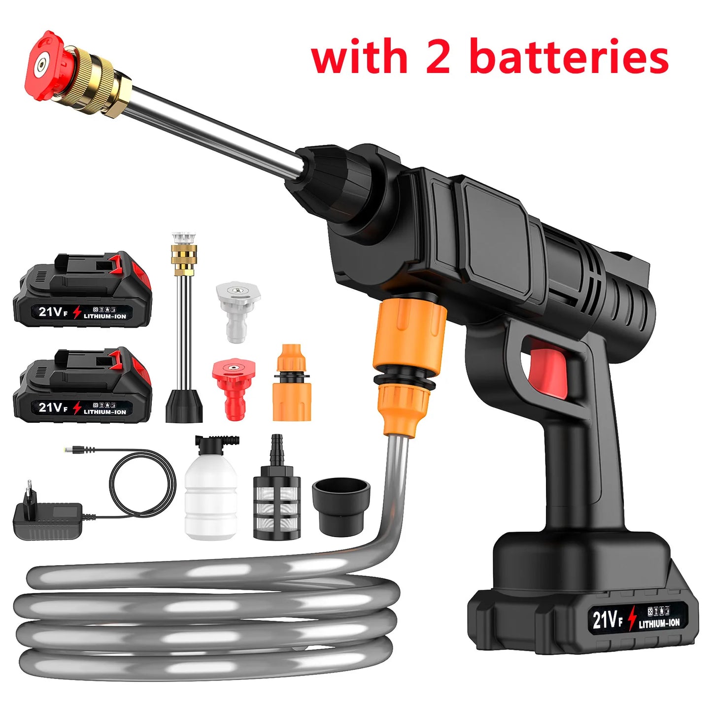 Fitlybuy cordless high-pressure washer, black, with 2 lithium batteries, hose, adjustable nozzles, and foam bottle kit.