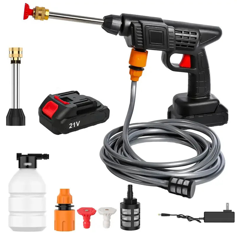 Fitlybuy cordless black high-pressure washer with 21V battery, hose, foam bottle, and adjustable nozzle attachments.