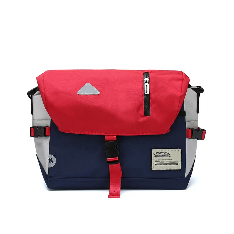 Fitlybuy Luke water-resistant messenger bag: red, blue, and gray crossbody with buckle closure and zipper pocket.