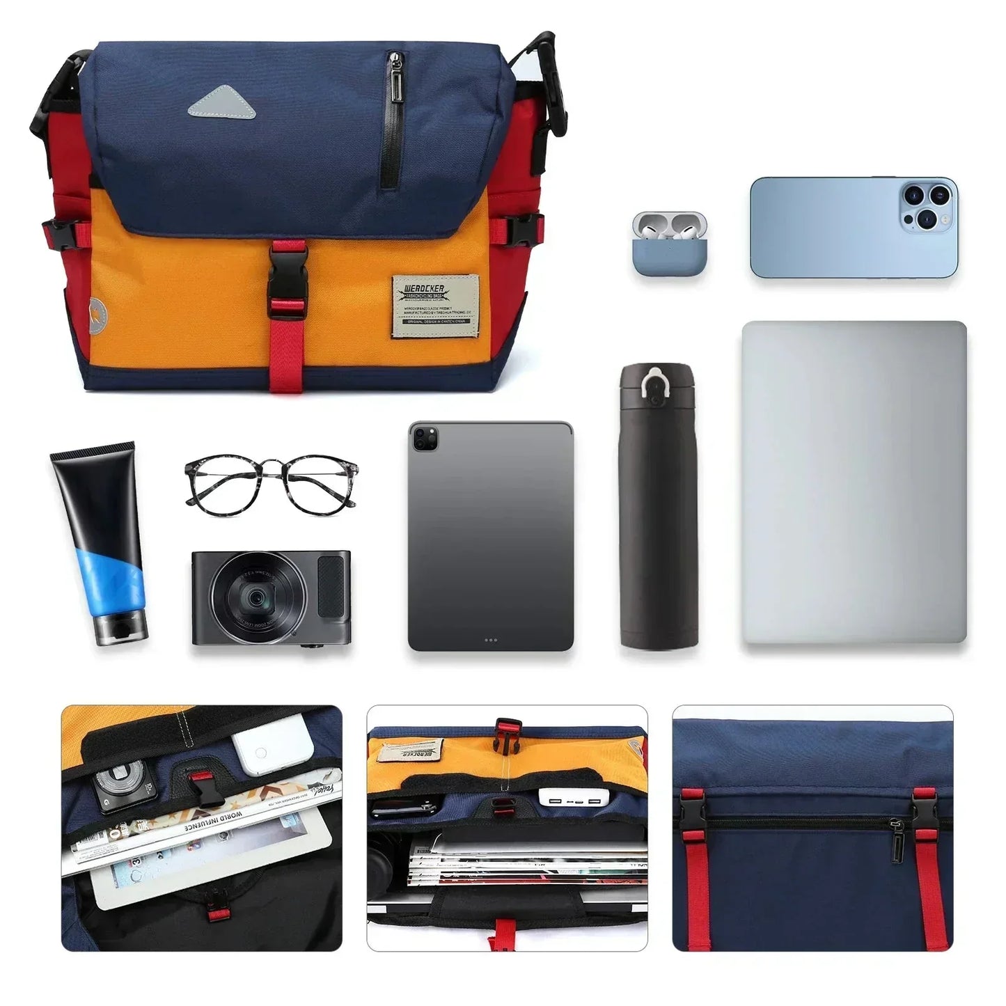 Fitlybuy Luke water-resistant multicolor messenger bag with internal compartments, organized travel items, and accessories.