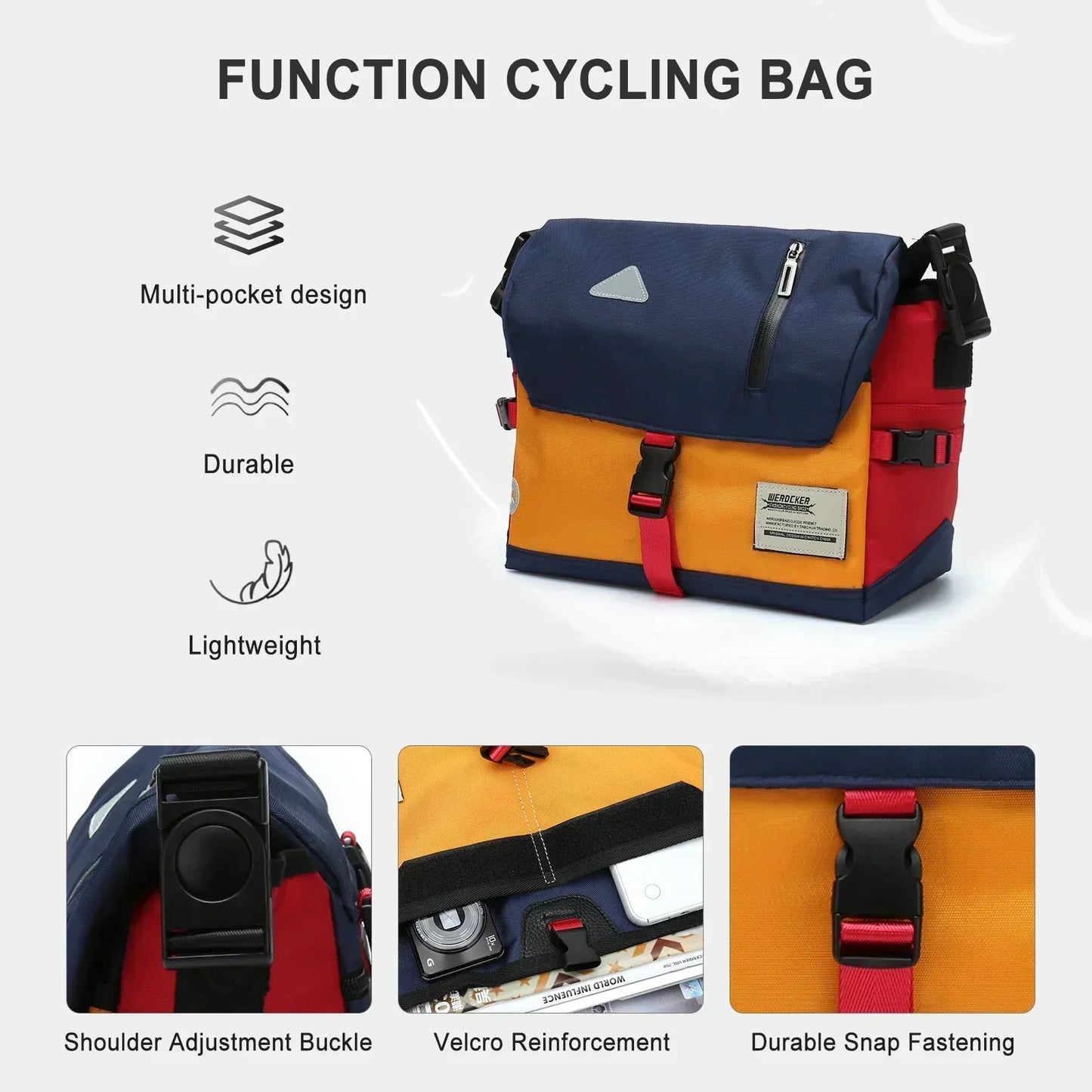 Fitlybuy multi-colored, water-resistant cycling messenger bag featuring durable fabric, snap buckles, and Velcro pockets.