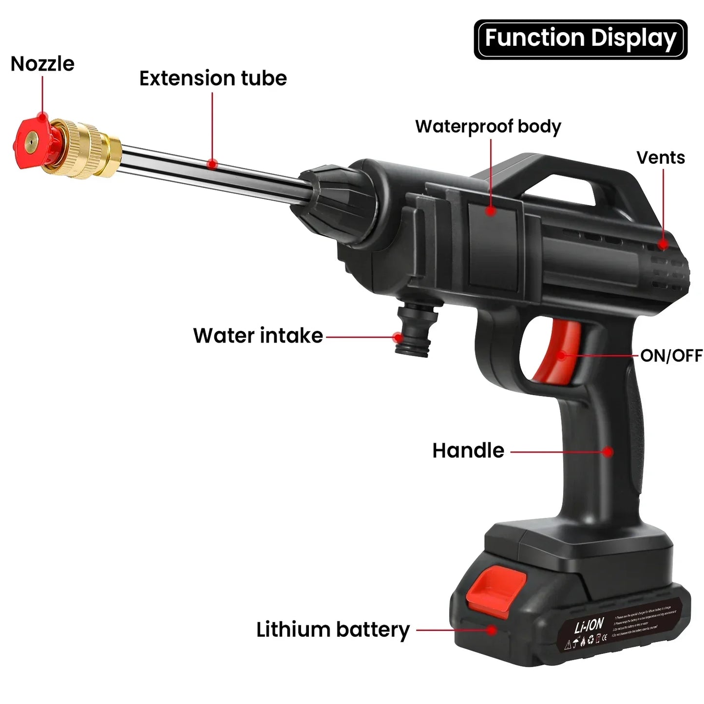 Fitlybuy cordless black and red high-pressure washer with lithium battery, extension tube, and adjustable nozzle.