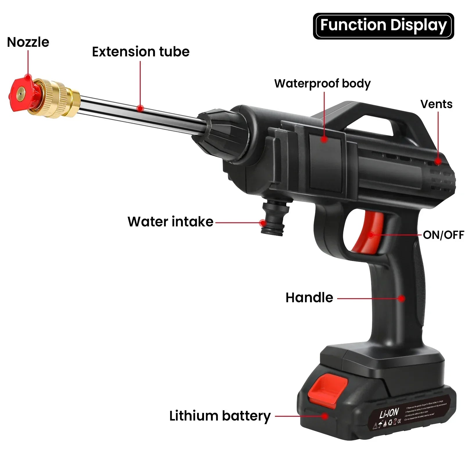 Fitlybuy cordless black and red high-pressure washer with lithium battery, extension tube, and adjustable nozzle.
