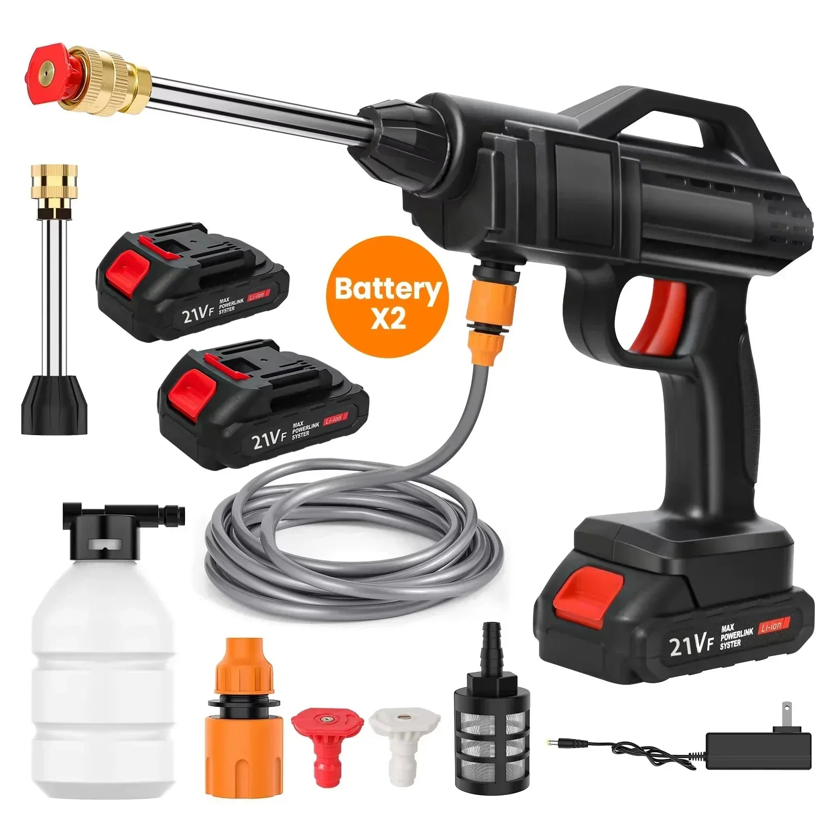 Fitlybuy black cordless pressure washer set with two 21V lithium batteries, hose, adjustable nozzles, and foam soap bottle.