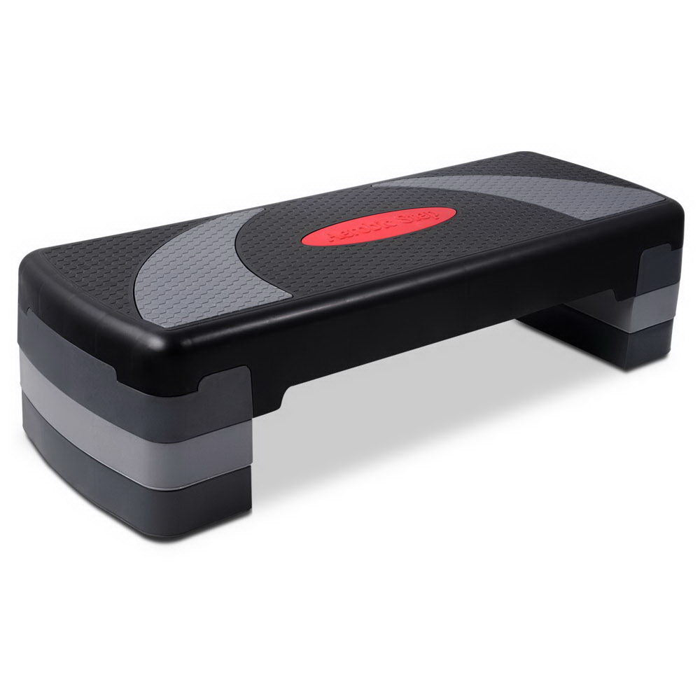 Fitlybuy 3-level aerobic stepper in black and gray with a textured, anti-slip surface on a white background.