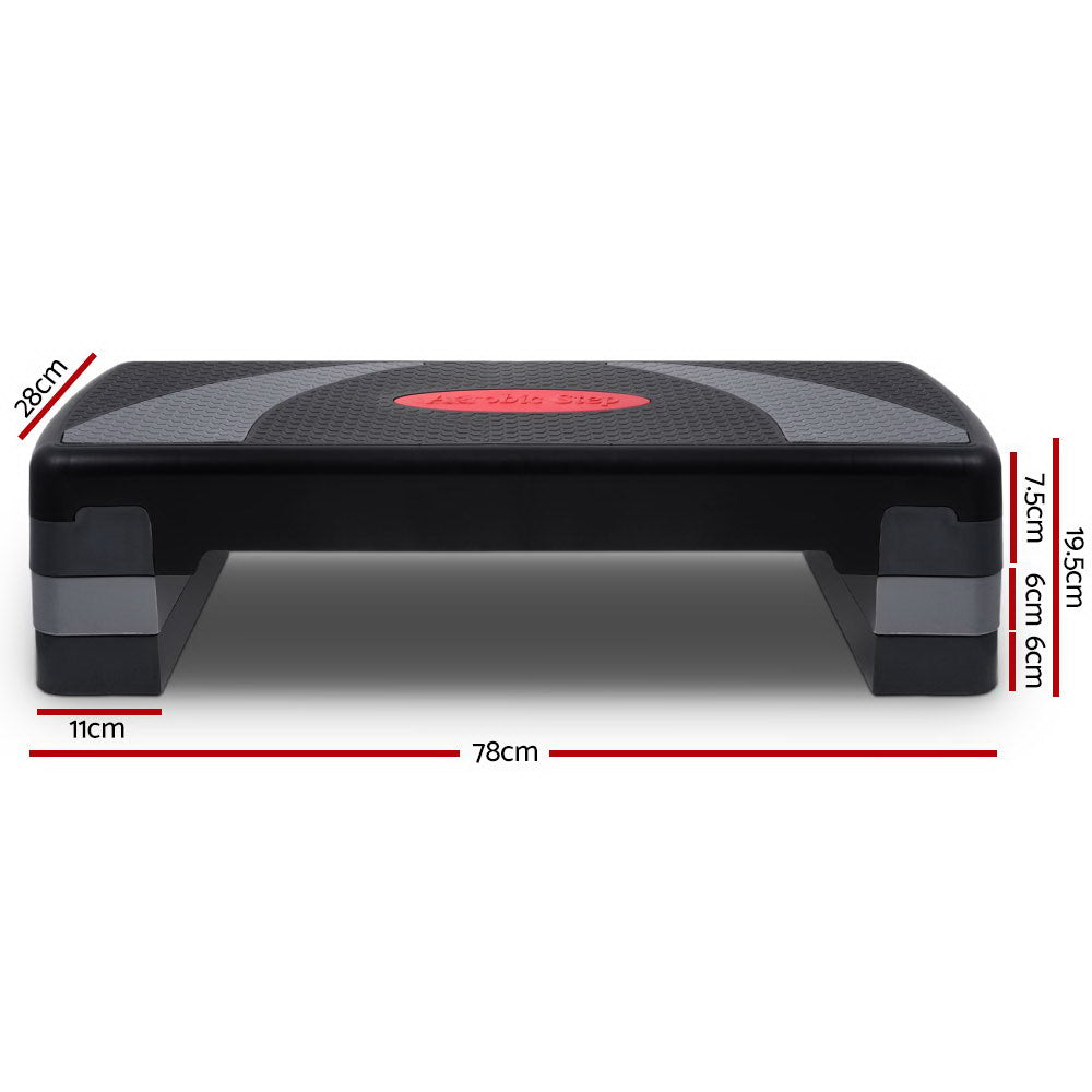 Black and grey 3-level aerobic stepper with anti-slip surface and dimensions labeled for height, length, and width.