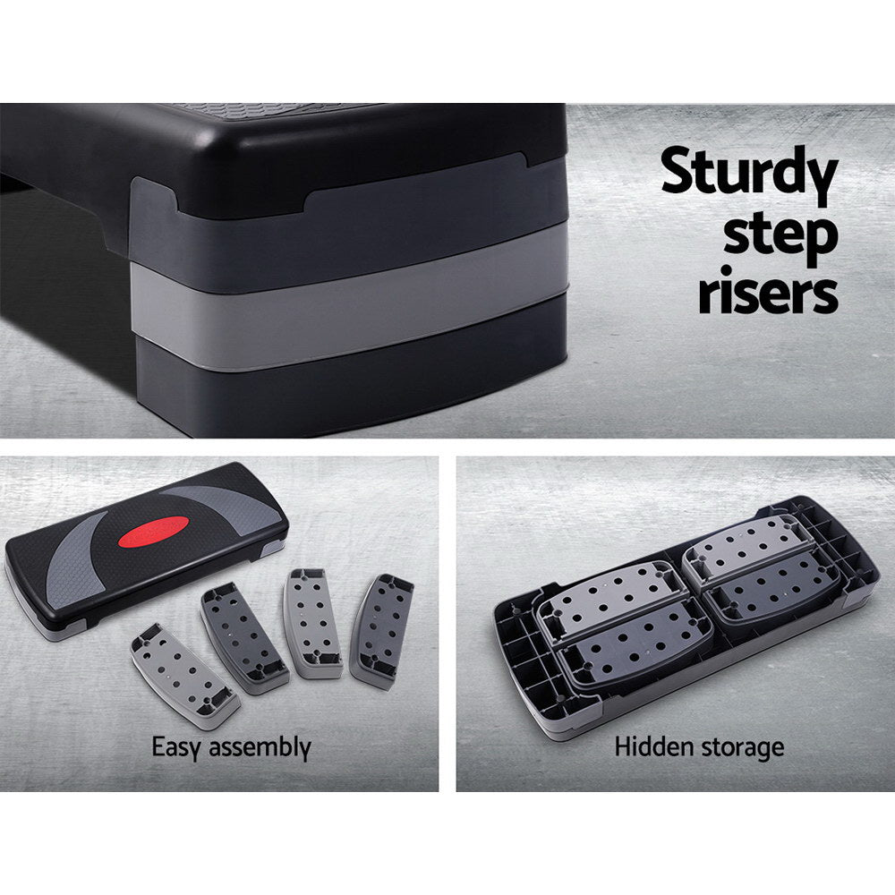 Fitlybuy 3-level black and grey aerobic step with anti-slip surface, adjustable risers, and hidden storage.