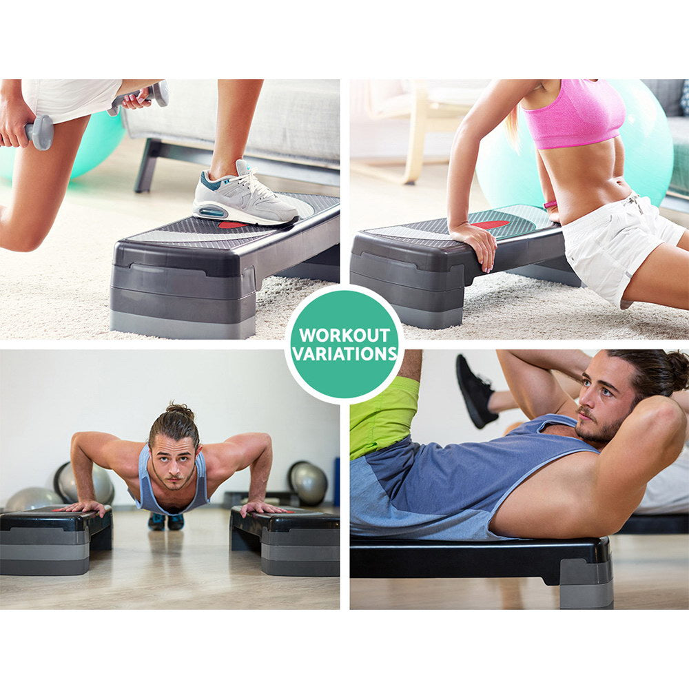 Fitlybuy 3-level grey aerobic stepper with anti-slip grip surface shown in multiple home workout poses.