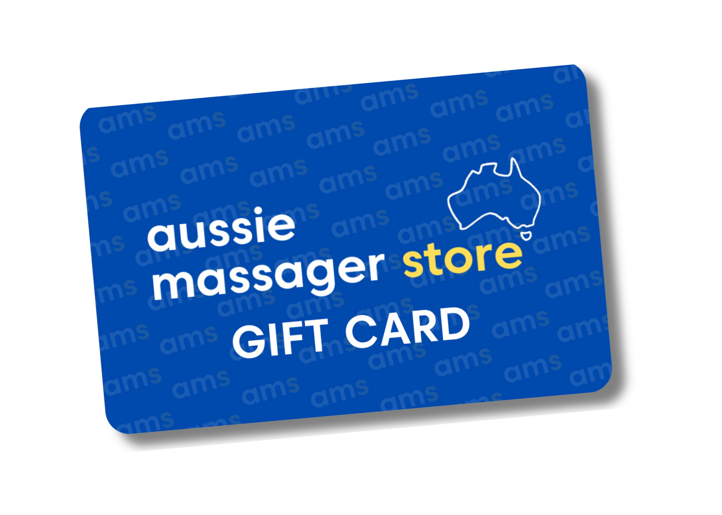 Blue Aussie Massager Store gift card with repeating "ams" logo, Australia map icon, and white and yellow text.