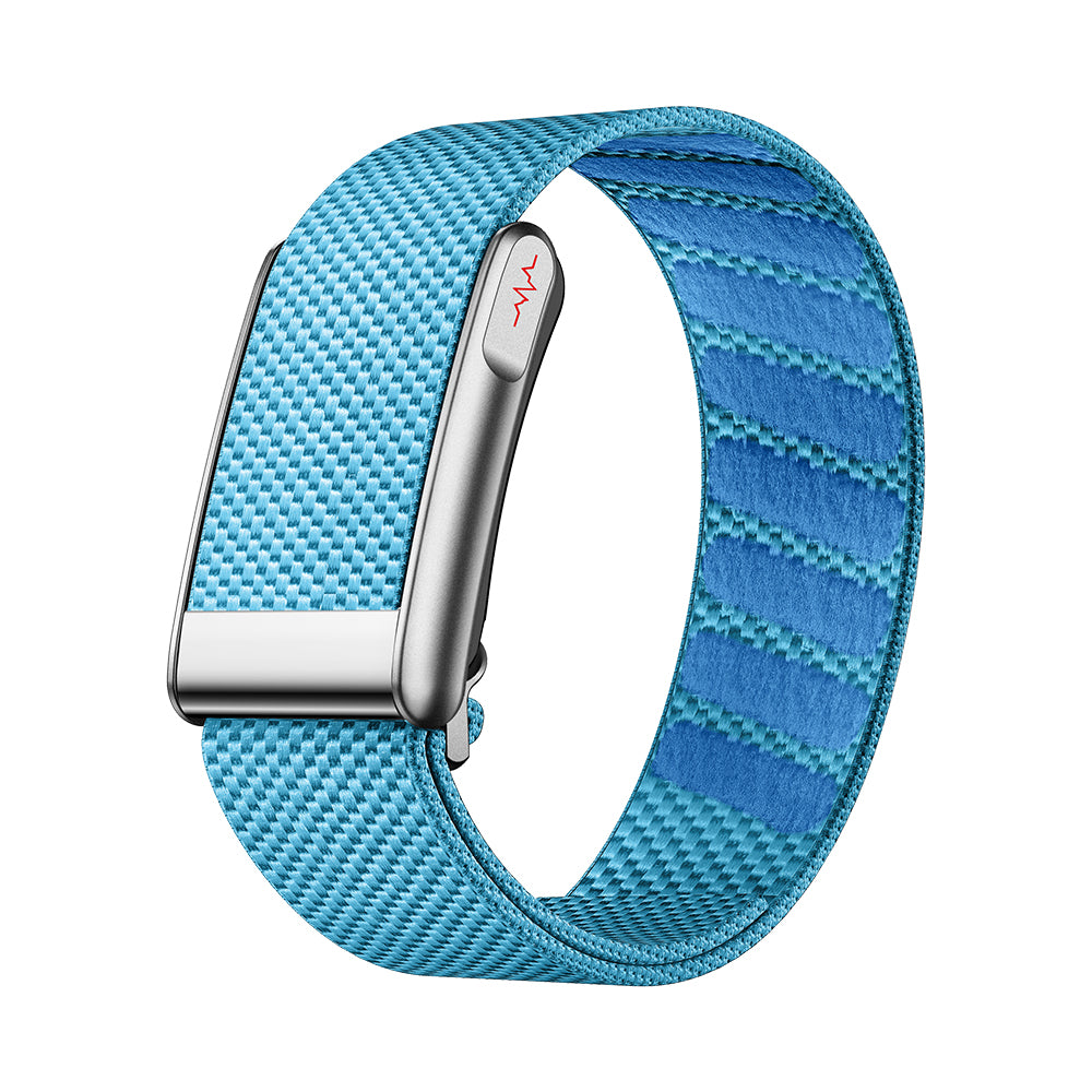 Fitlybuy Kexi-Life blue fabric smart health bracelet with silver ECG sensor module on a white background.
