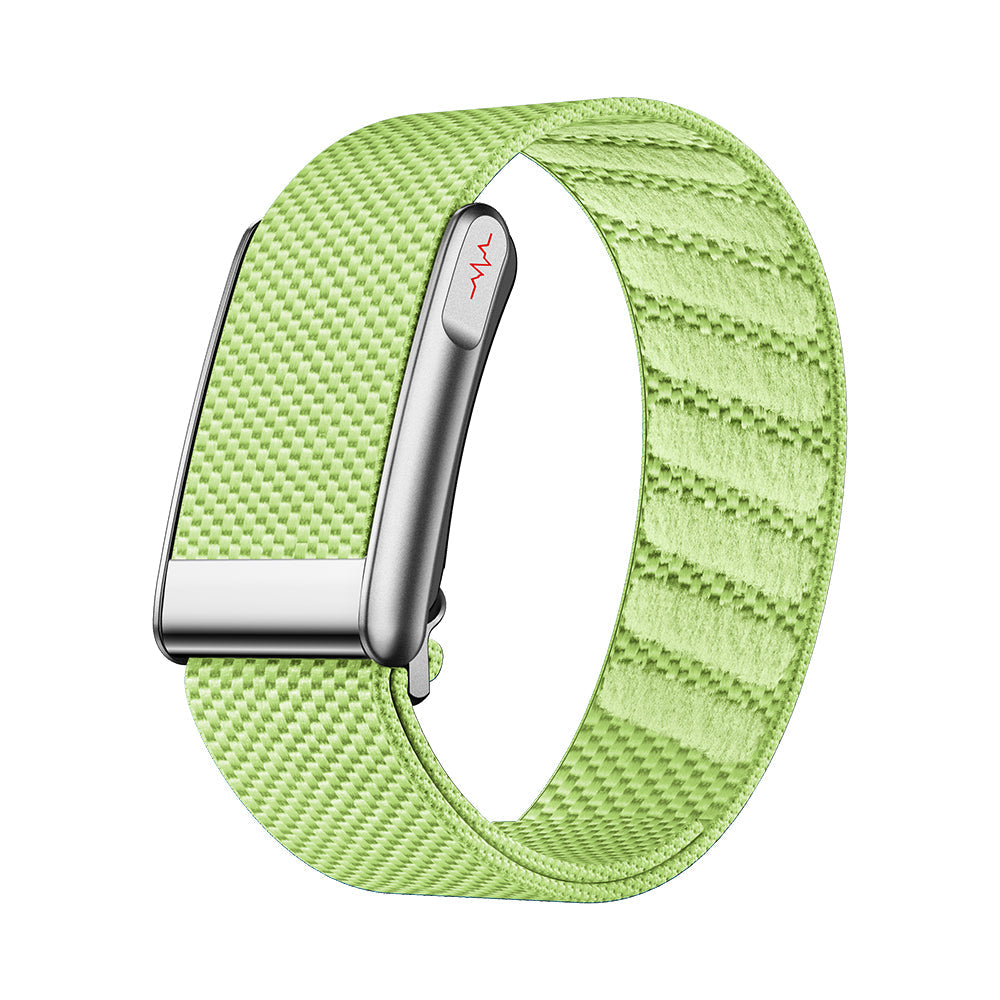 Fitlybuy Kexi-Life health monitor: Lime green fabric strap with silver ECG sensor module on a white background.