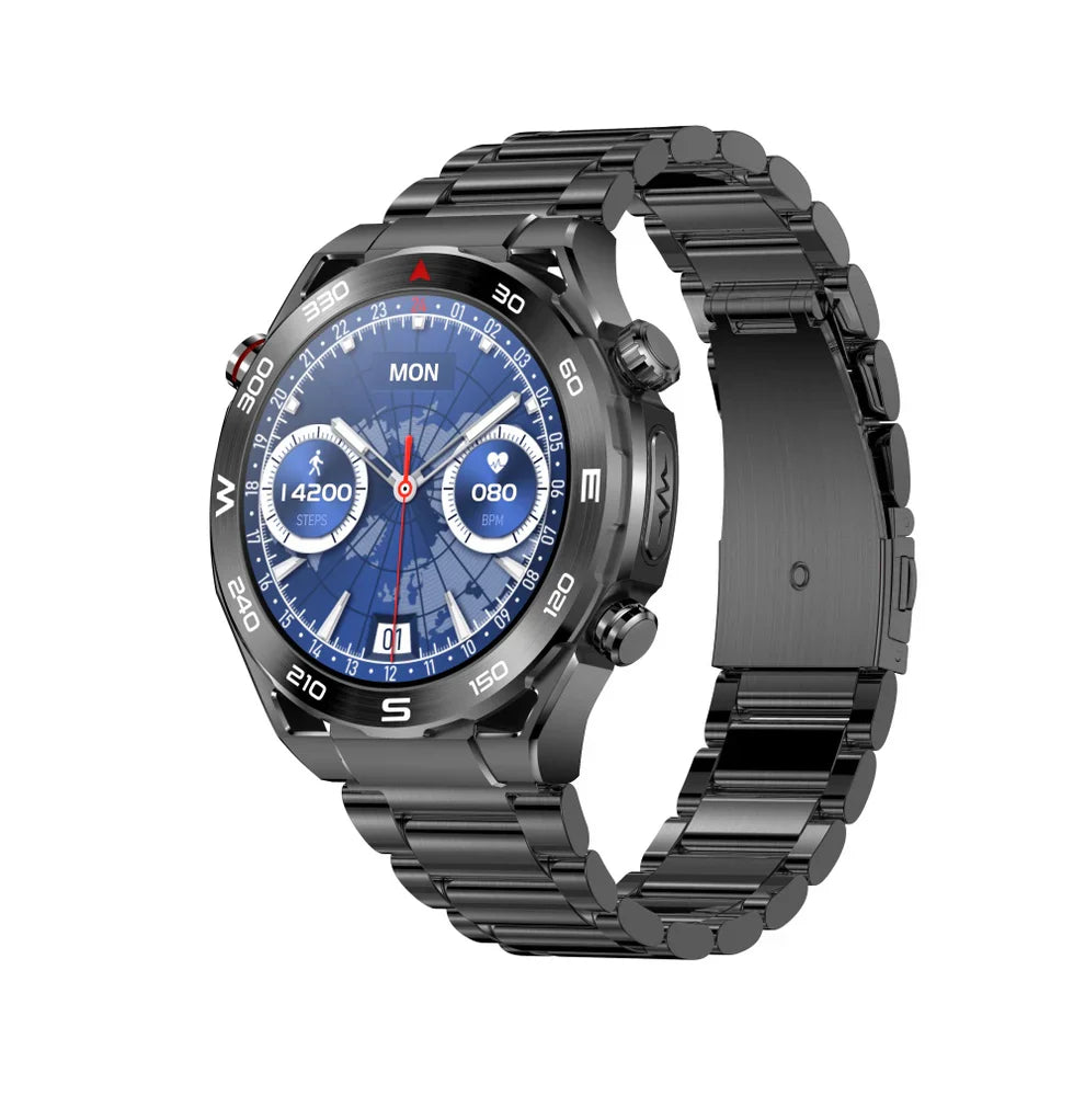 Black Fitlybuy Kexi-Life Max 1 smartwatch with metal band, showing heart rate, steps, and world map watch face.
