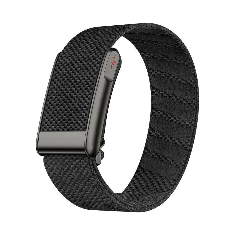 Black Fitlybuy Kexi-Life health tracking bracelet with textured fabric strap and ECG monitor icon on clasp.